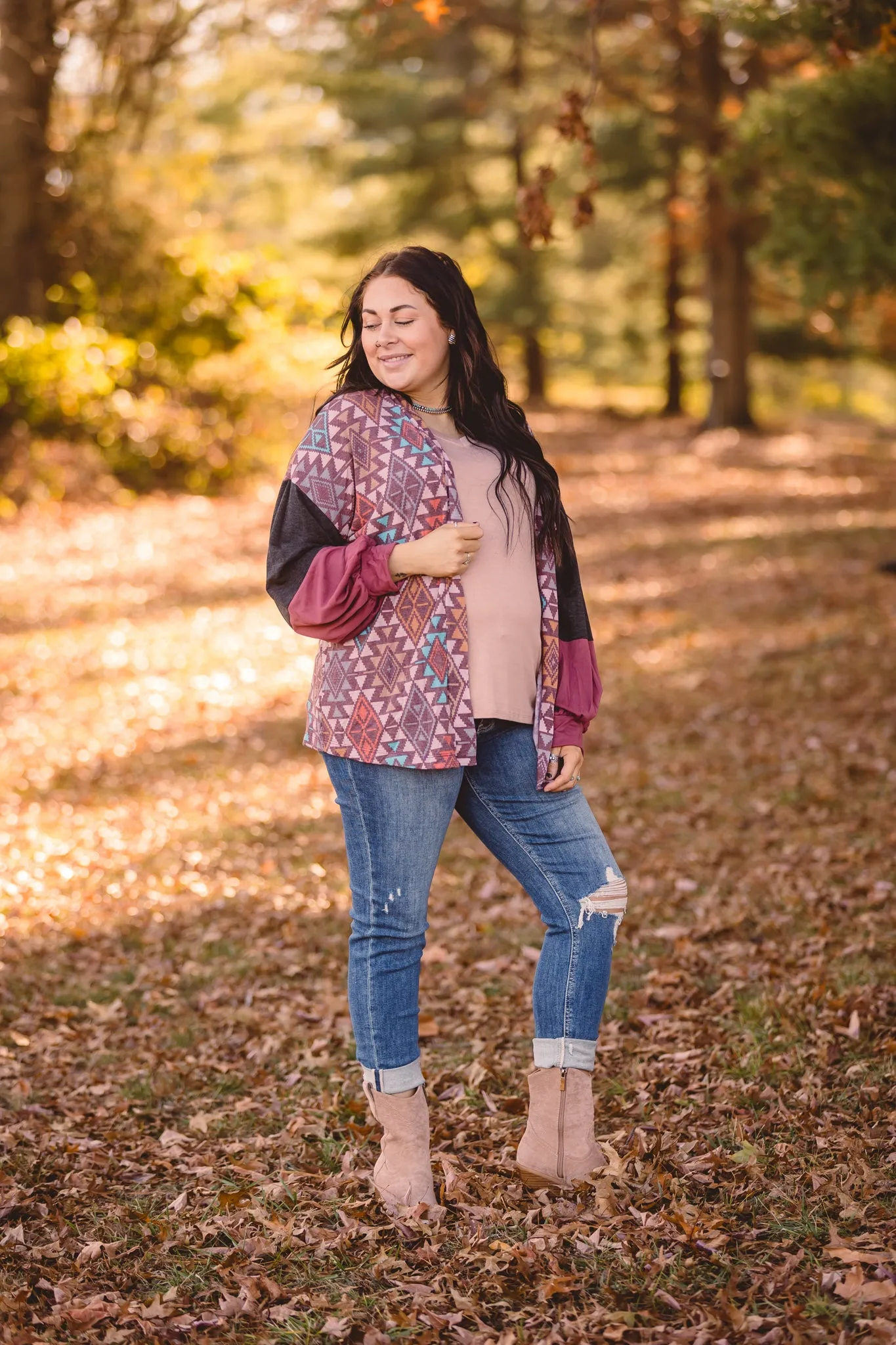 Burgundy   Teal Charcoal Mix Aztec Cardigan