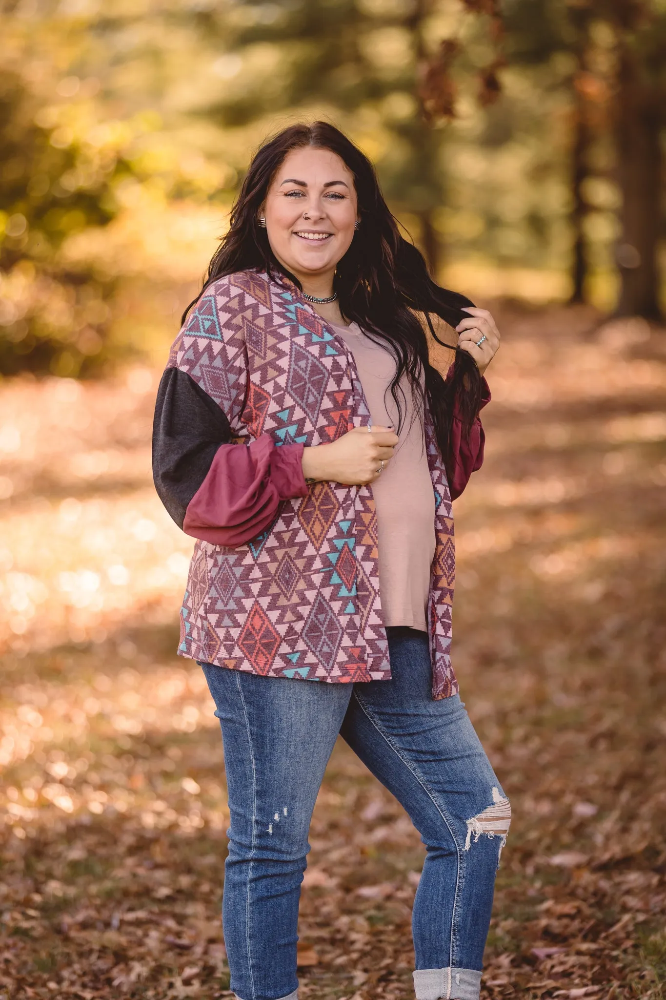 Burgundy   Teal Charcoal Mix Aztec Cardigan