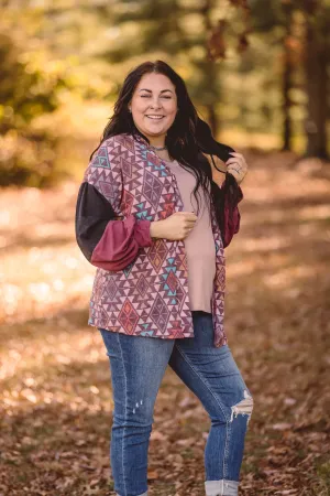 Burgundy   Teal Charcoal Mix Aztec Cardigan