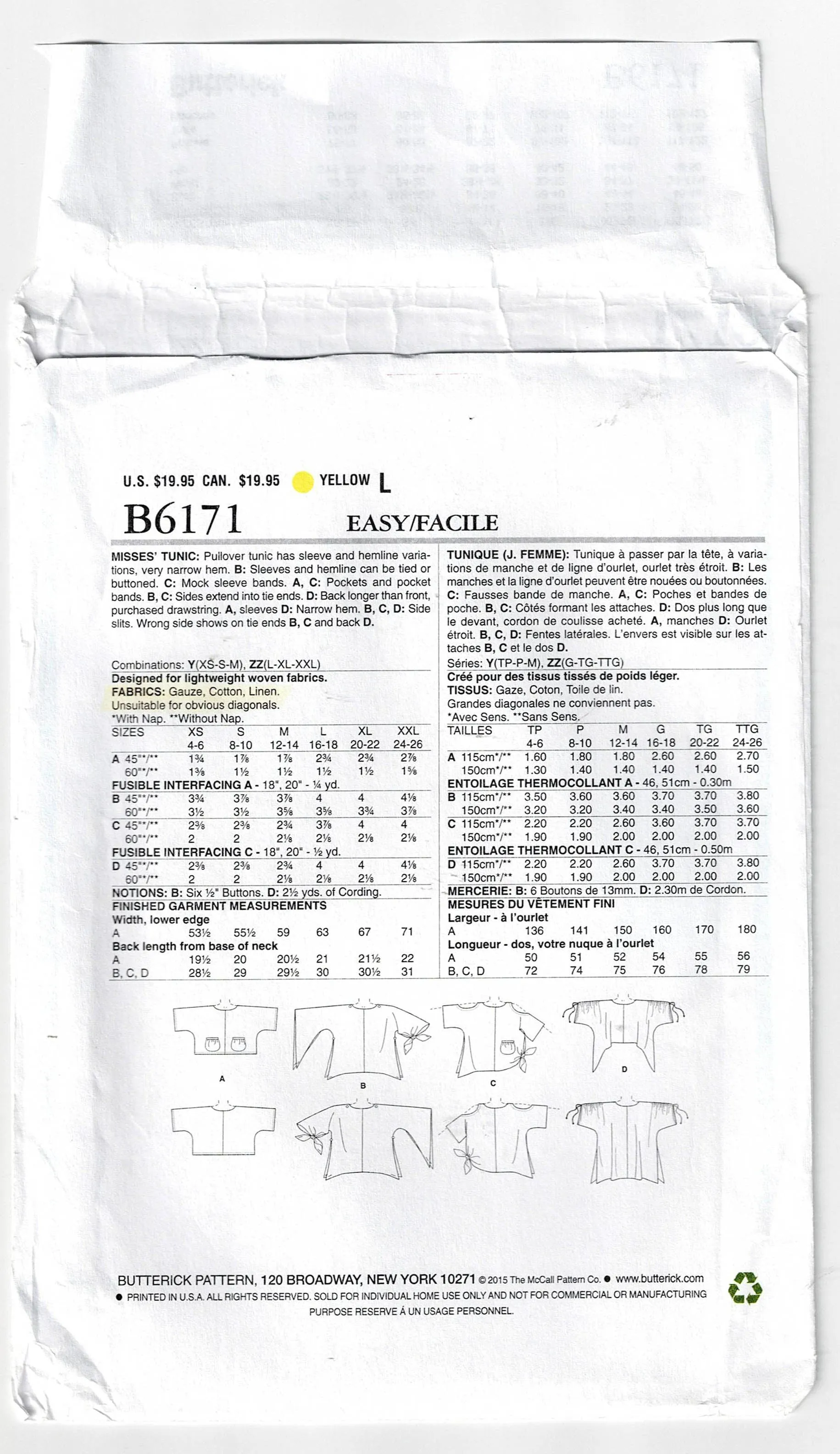 Butterick 6171 Womens Pullover Draped Tunic Tops Out Of Print Sewing Pattern Sizes XS - M UNCUT Factory Folded