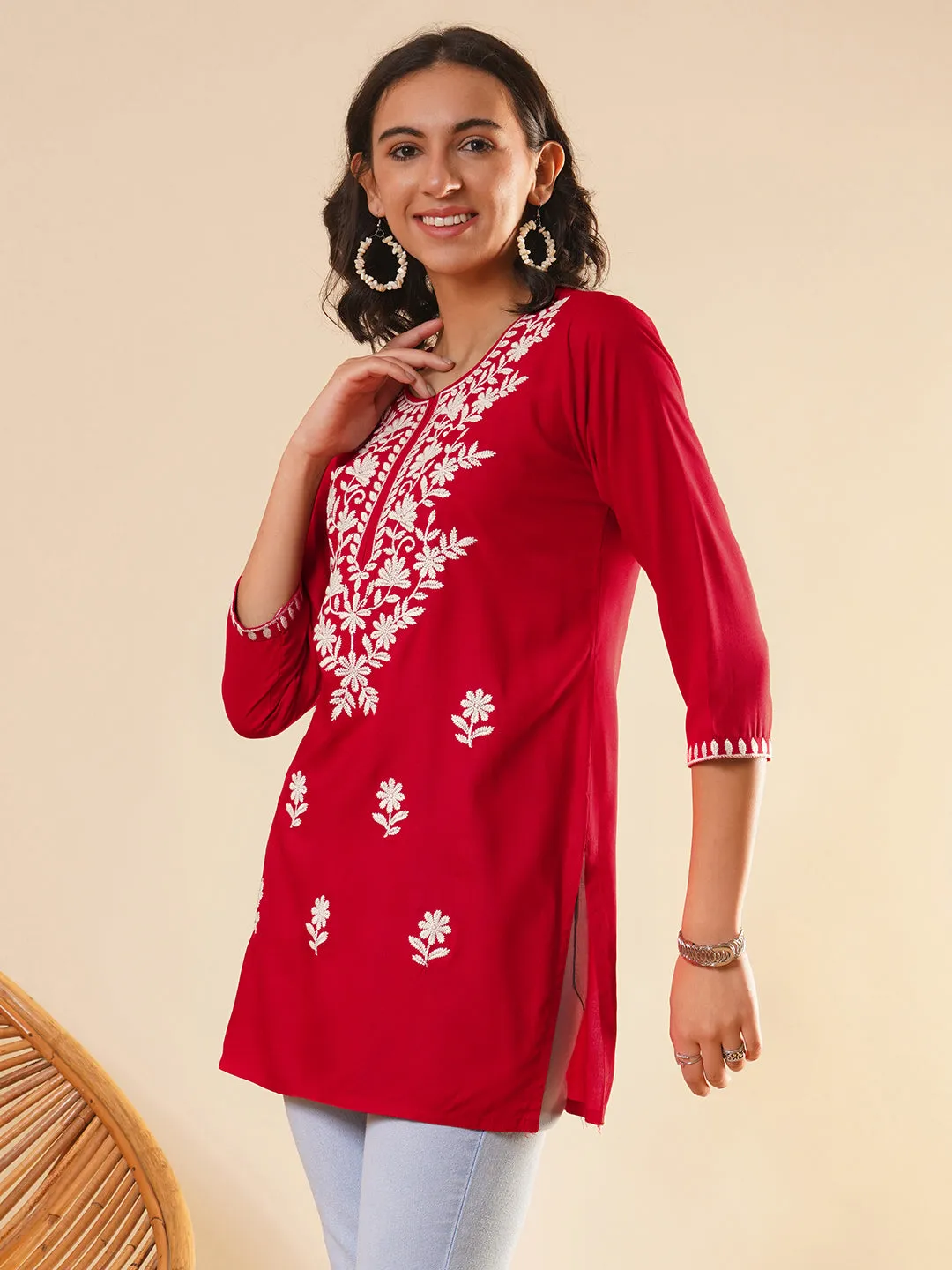 Buy Round Neckline Red Comfort Fit Rayon Tunic For Women Online - Zola