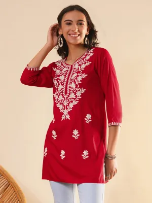 Buy Round Neckline Red Comfort Fit Rayon Tunic For Women Online - Zola