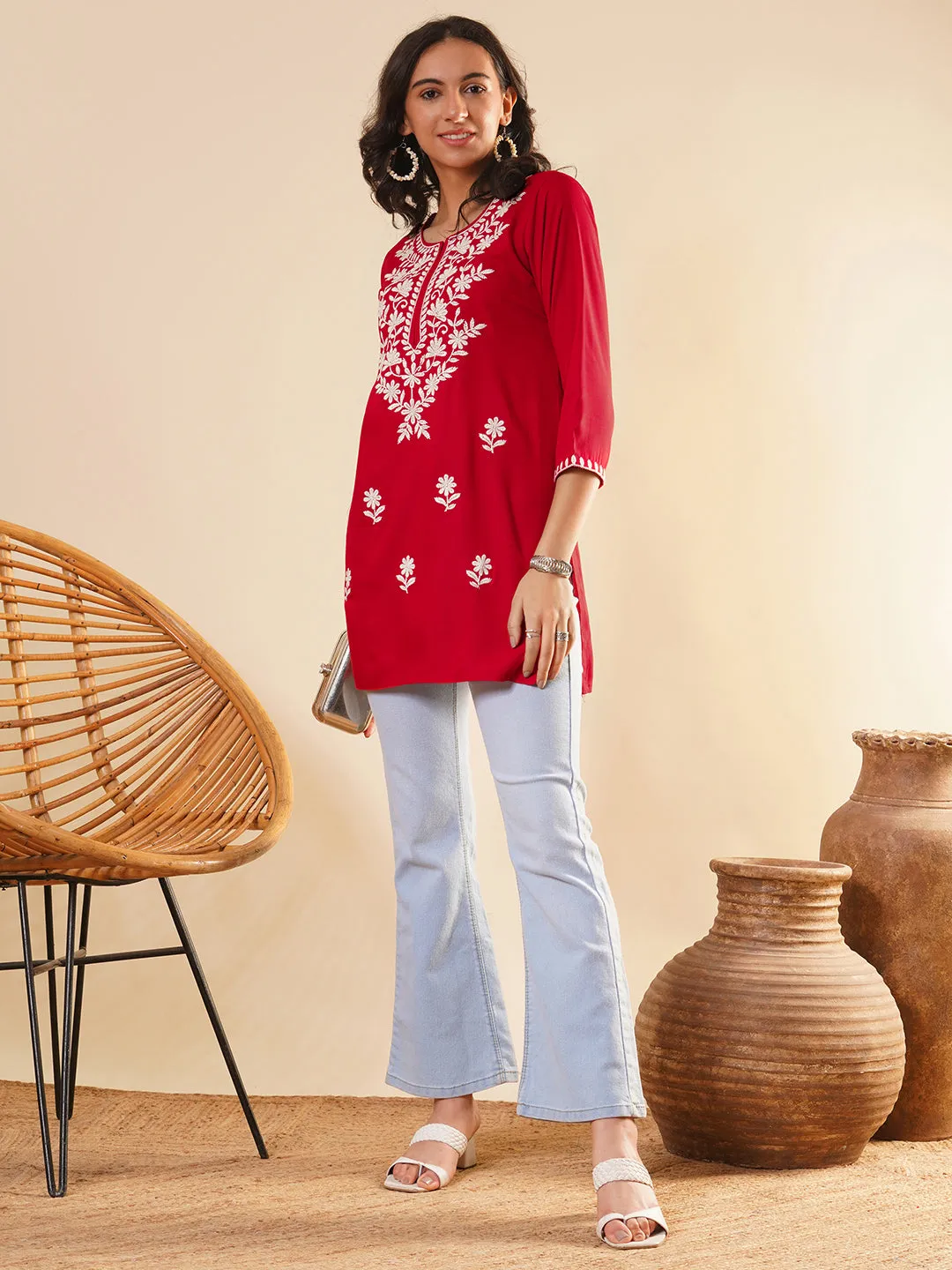 Buy Round Neckline Red Comfort Fit Rayon Tunic For Women Online - Zola