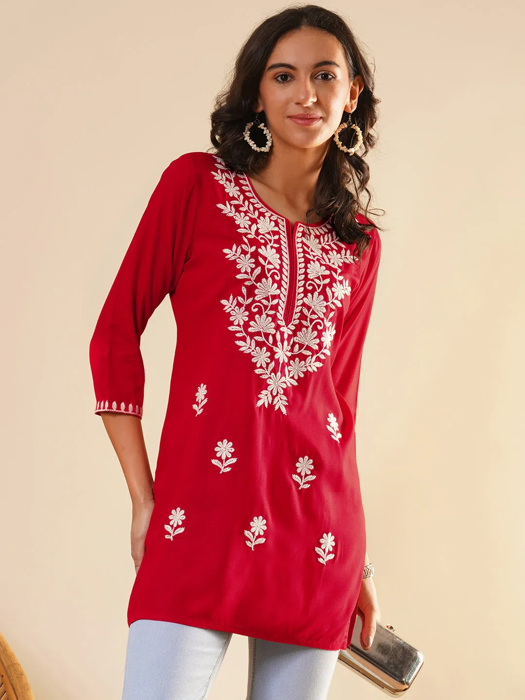 Buy Round Neckline Red Comfort Fit Rayon Tunic For Women Online - Zola