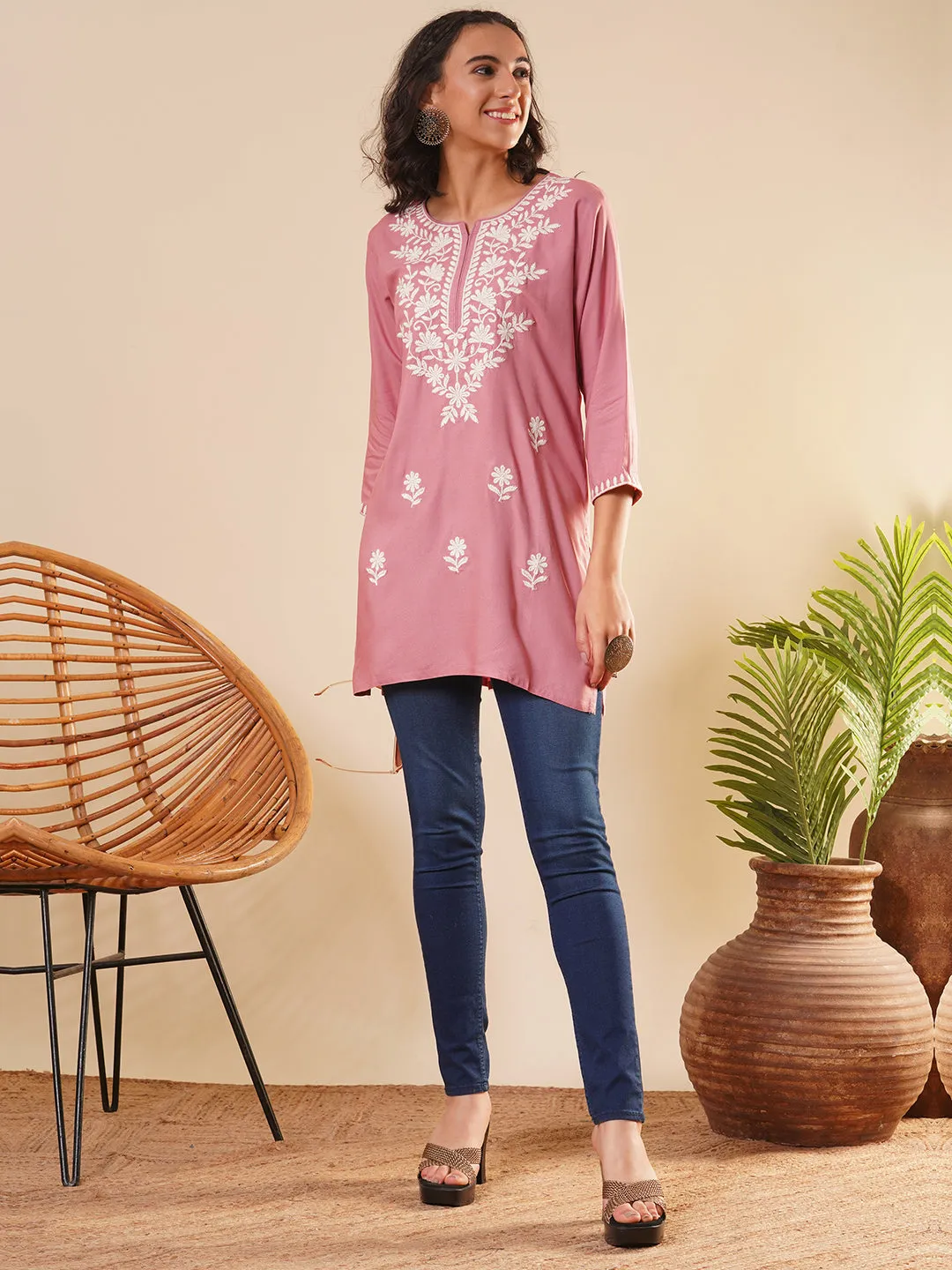 Buy Round Neckline Wine Comfort Fit Rayon Tunic For Women Online - Zola