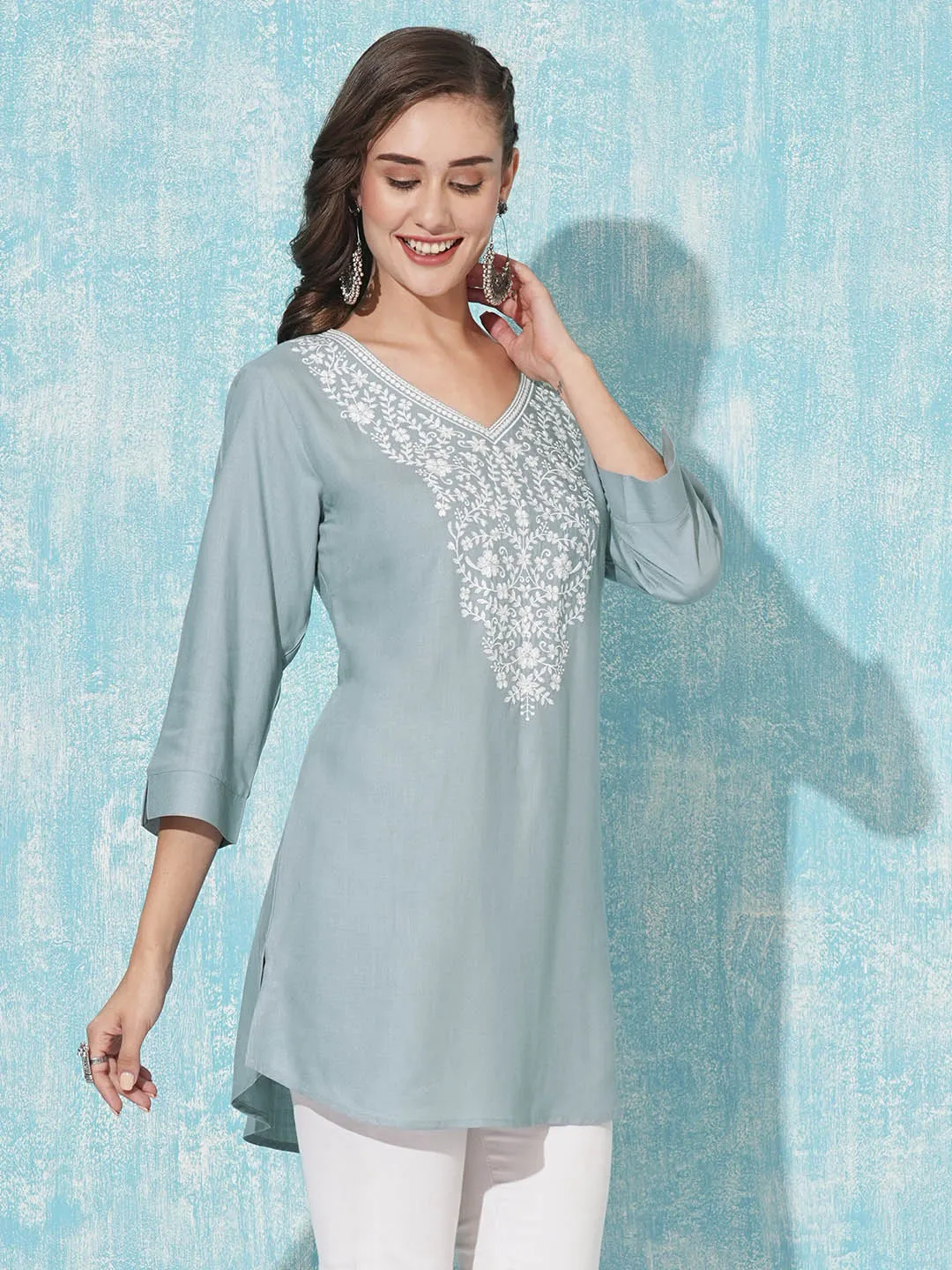 Buy V Neck Grey Comfort Fit Rayon Tunic For Women Online - Zola