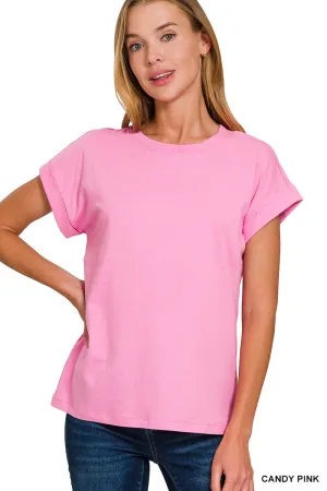 Candy Pink Cotton Rolled Sleeve Top