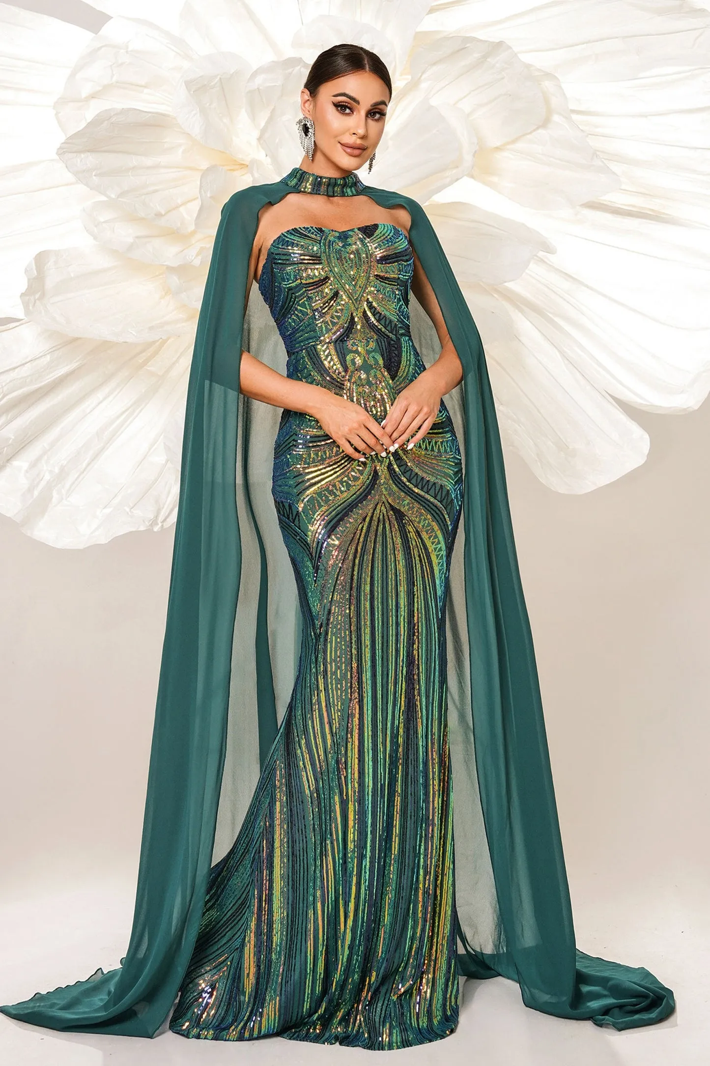 Cape Tube Top Sequin Dress Two Piece Set