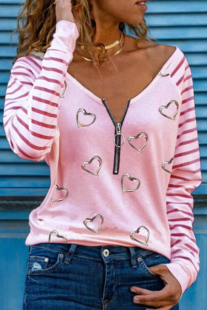 Casual Print Patchwork V Neck Tops