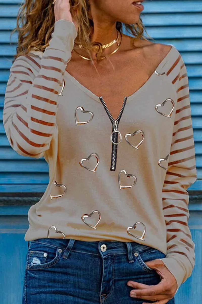 Casual Print Patchwork V Neck Tops