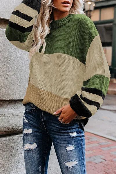 Casual Striped Split Joint  Contrast O Neck Tops Sweater