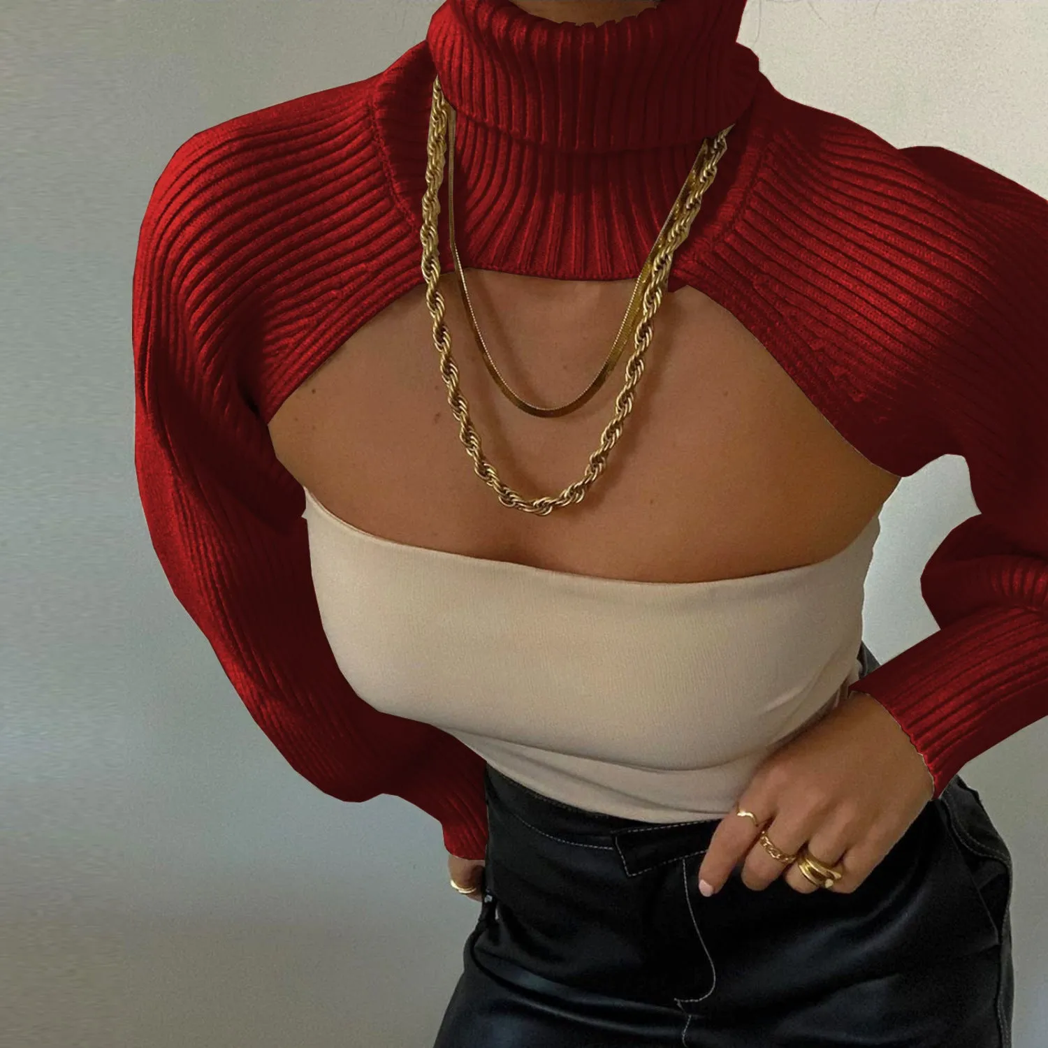 Casual Turtleneck Lantern Sleeve Cutout Cropped Knit Sweater