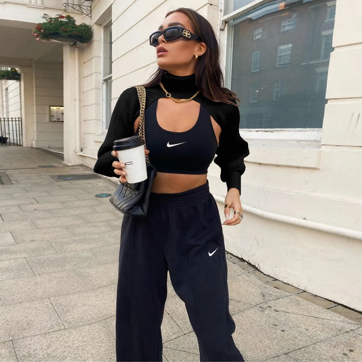 Casual Turtleneck Lantern Sleeve Cutout Cropped Knit Sweater