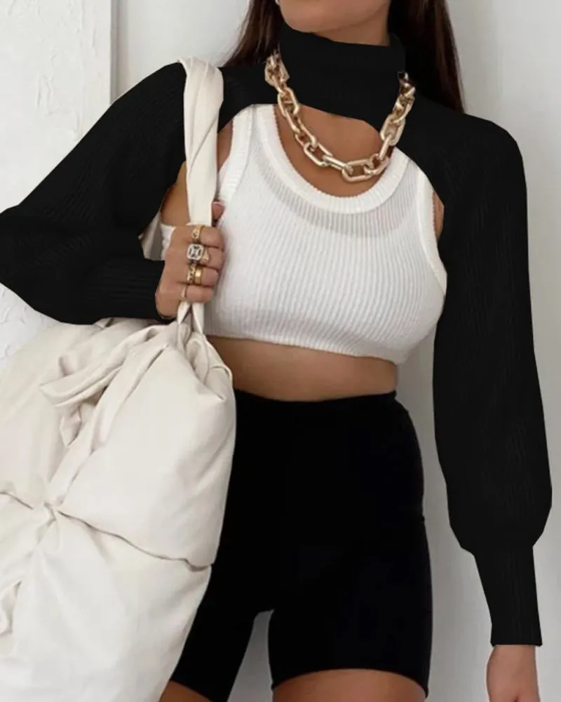 Casual Turtleneck Lantern Sleeve Cutout Cropped Knit Sweater