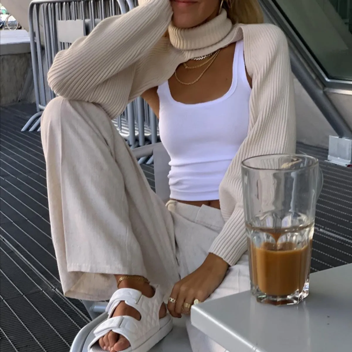 Casual Turtleneck Lantern Sleeve Cutout Cropped Knit Sweater