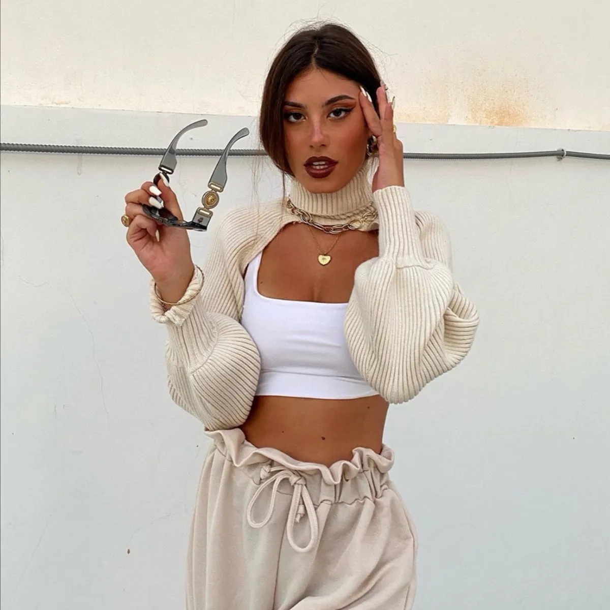 Casual Turtleneck Lantern Sleeve Cutout Cropped Knit Sweater