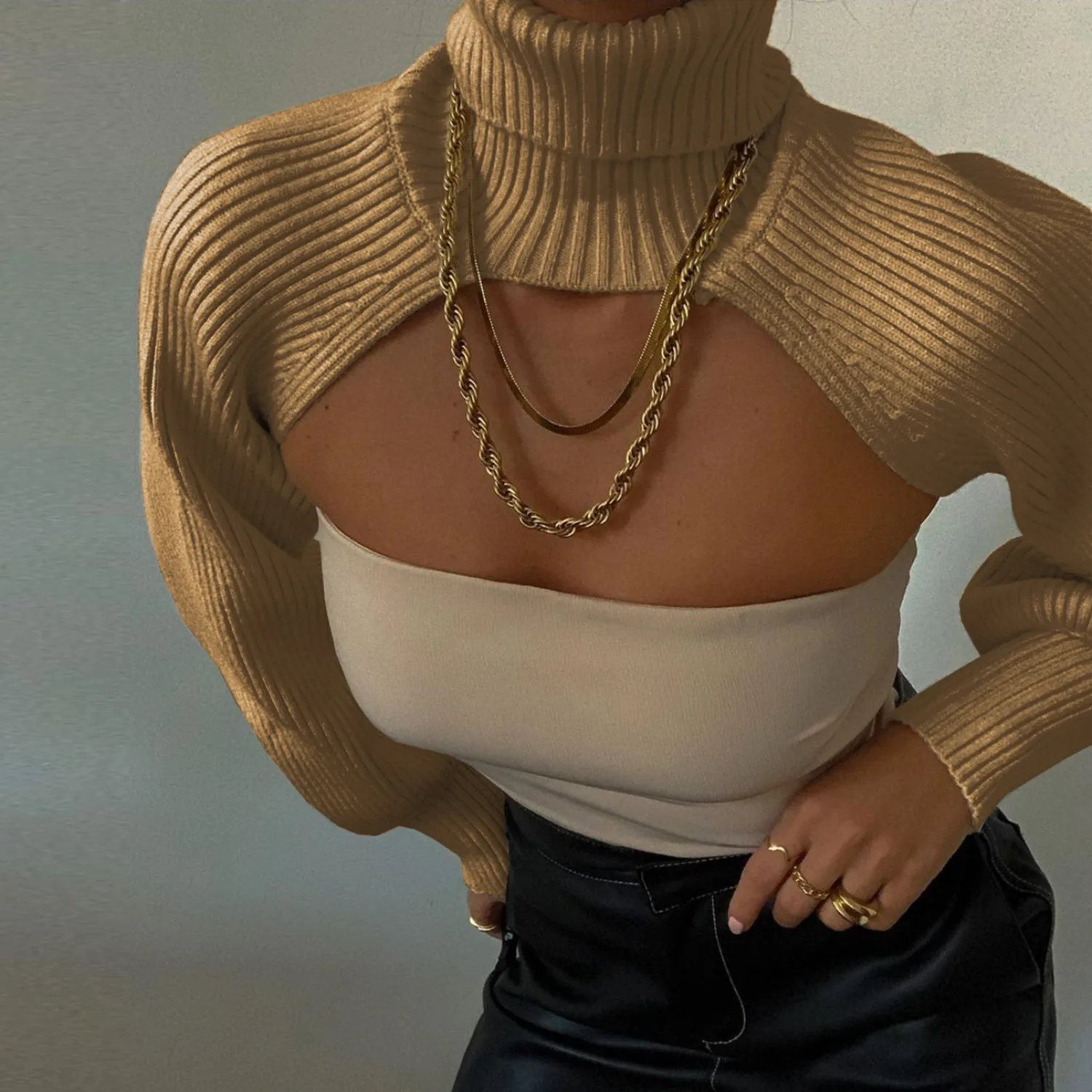 Casual Turtleneck Lantern Sleeve Cutout Cropped Knit Sweater