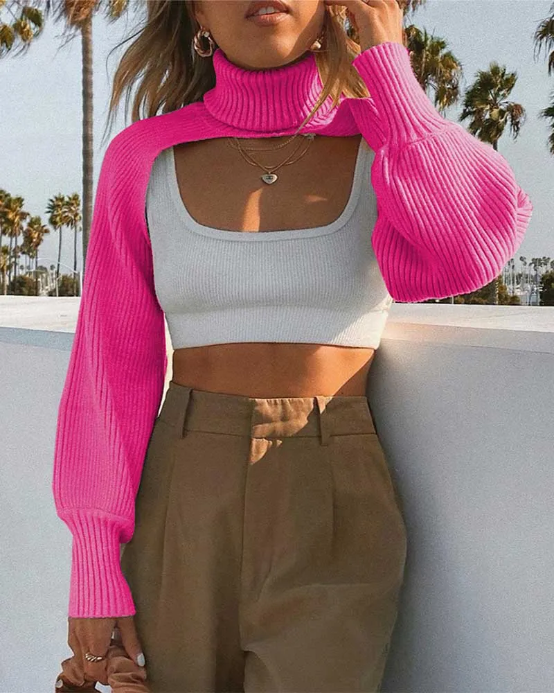 Casual Turtleneck Lantern Sleeve Cutout Cropped Knit Sweater