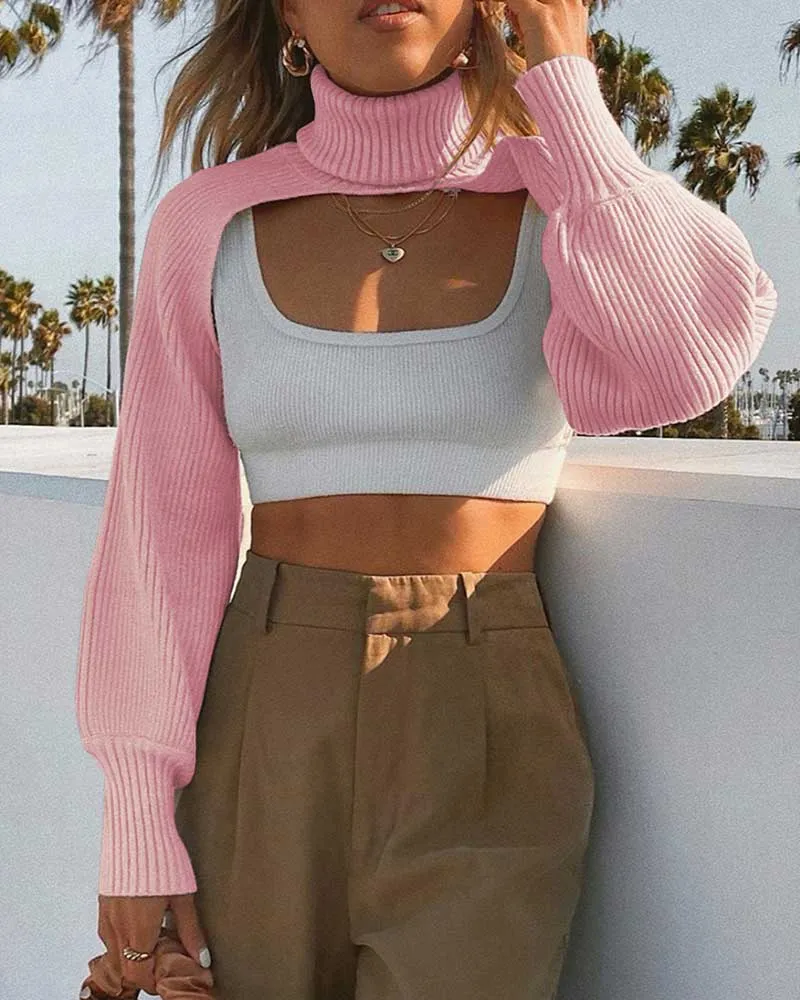 Casual Turtleneck Lantern Sleeve Cutout Cropped Knit Sweater