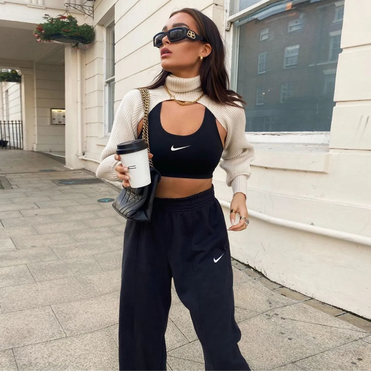 Casual Turtleneck Lantern Sleeve Cutout Cropped Knit Sweater