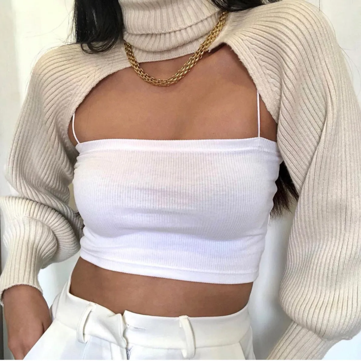 Casual Turtleneck Lantern Sleeve Cutout Cropped Knit Sweater