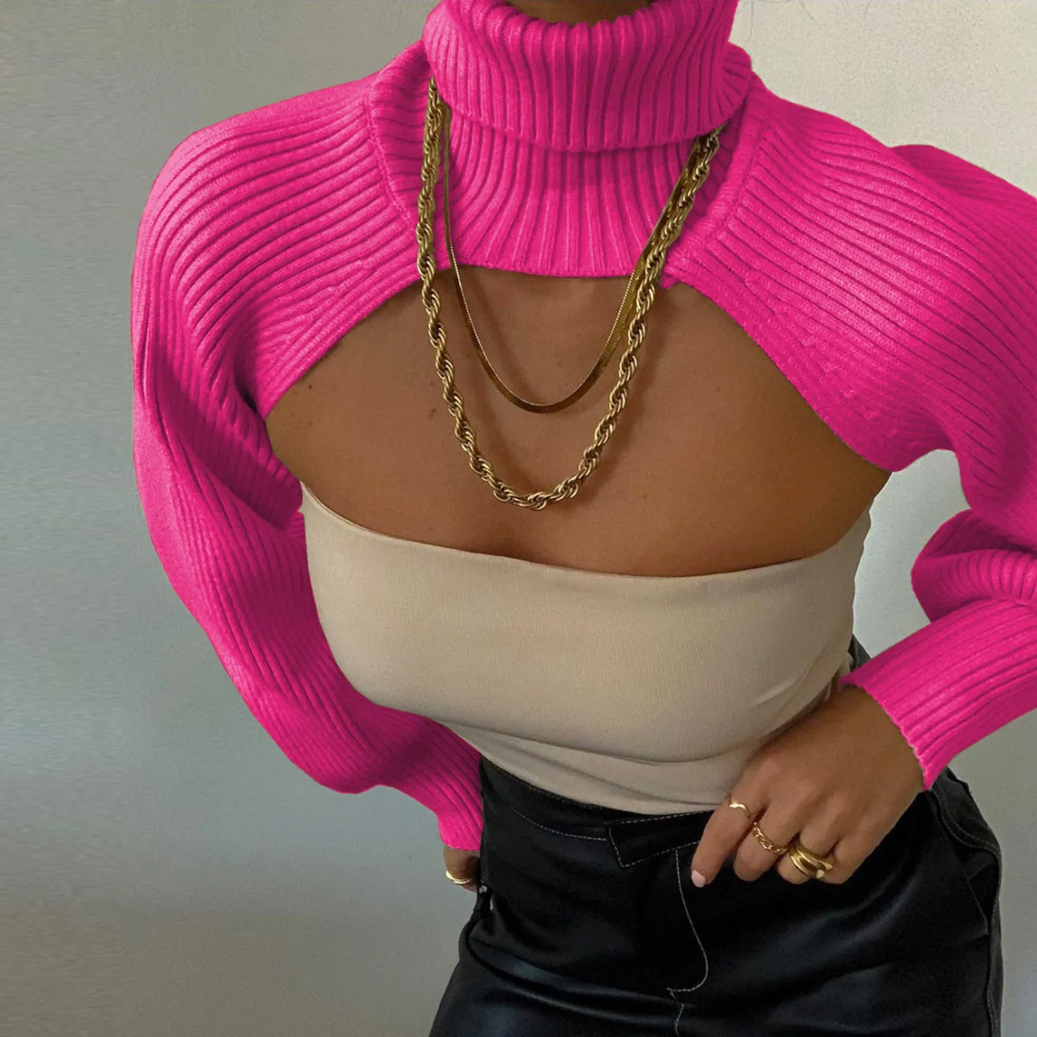 Casual Turtleneck Lantern Sleeve Cutout Cropped Knit Sweater