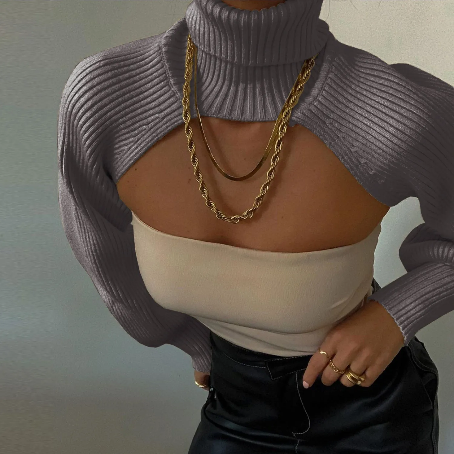Casual Turtleneck Lantern Sleeve Cutout Cropped Knit Sweater