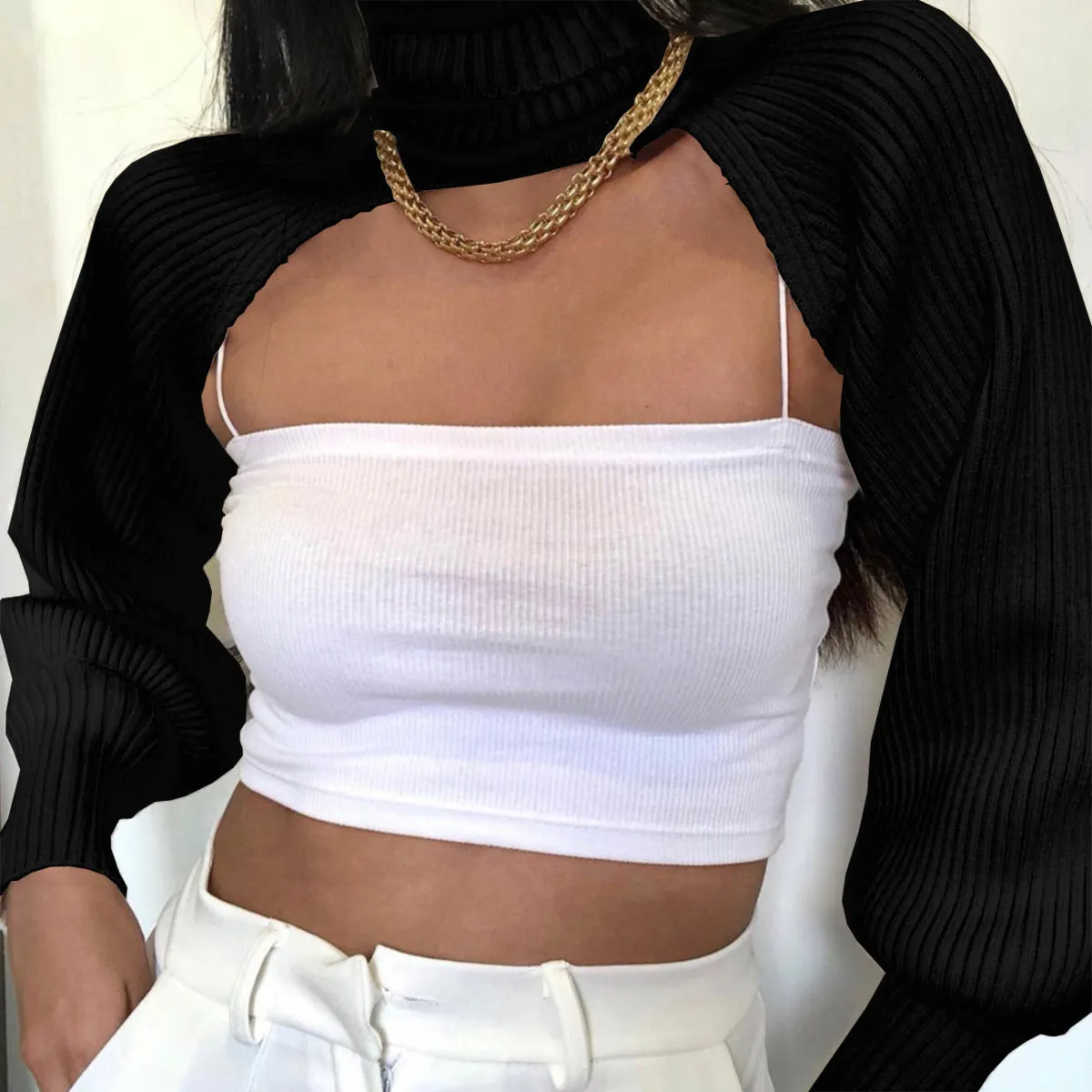 Casual Turtleneck Lantern Sleeve Cutout Cropped Knit Sweater