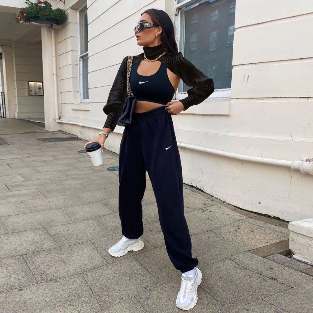 Casual Turtleneck Lantern Sleeve Cutout Cropped Knit Sweater