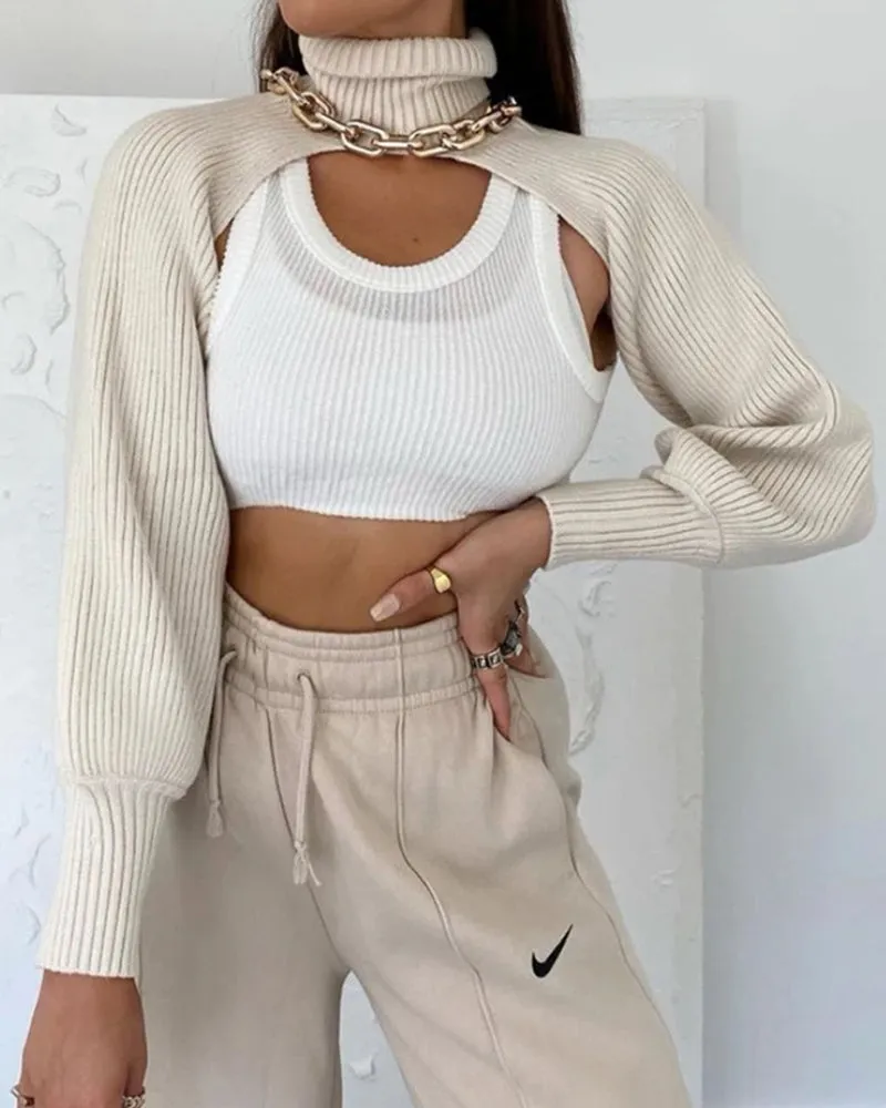 Casual Turtleneck Lantern Sleeve Cutout Cropped Knit Sweater