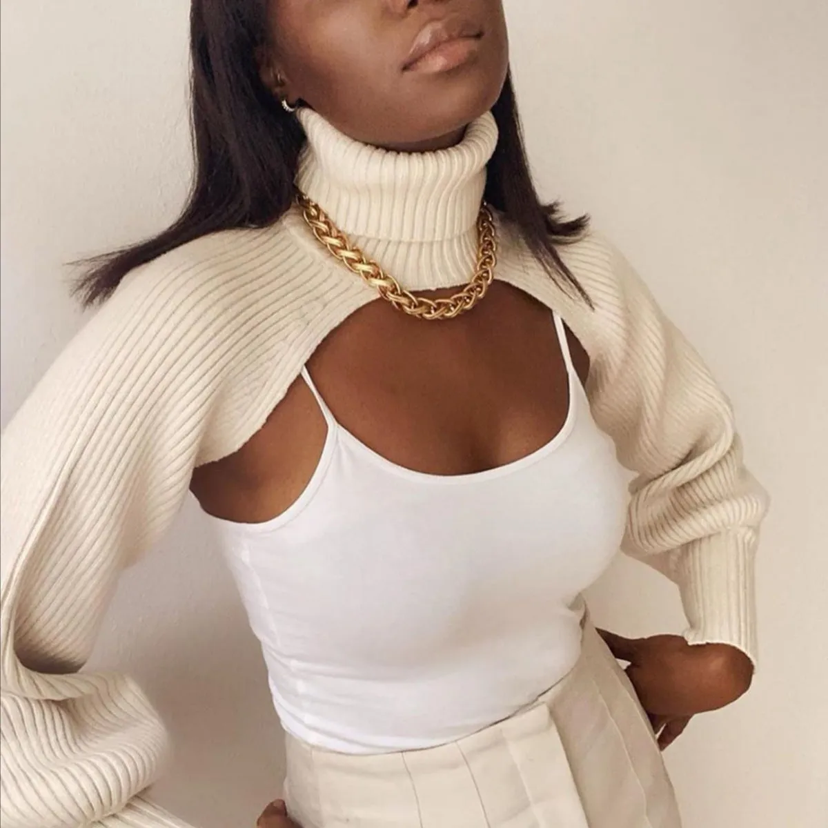 Casual Turtleneck Lantern Sleeve Cutout Cropped Knit Sweater
