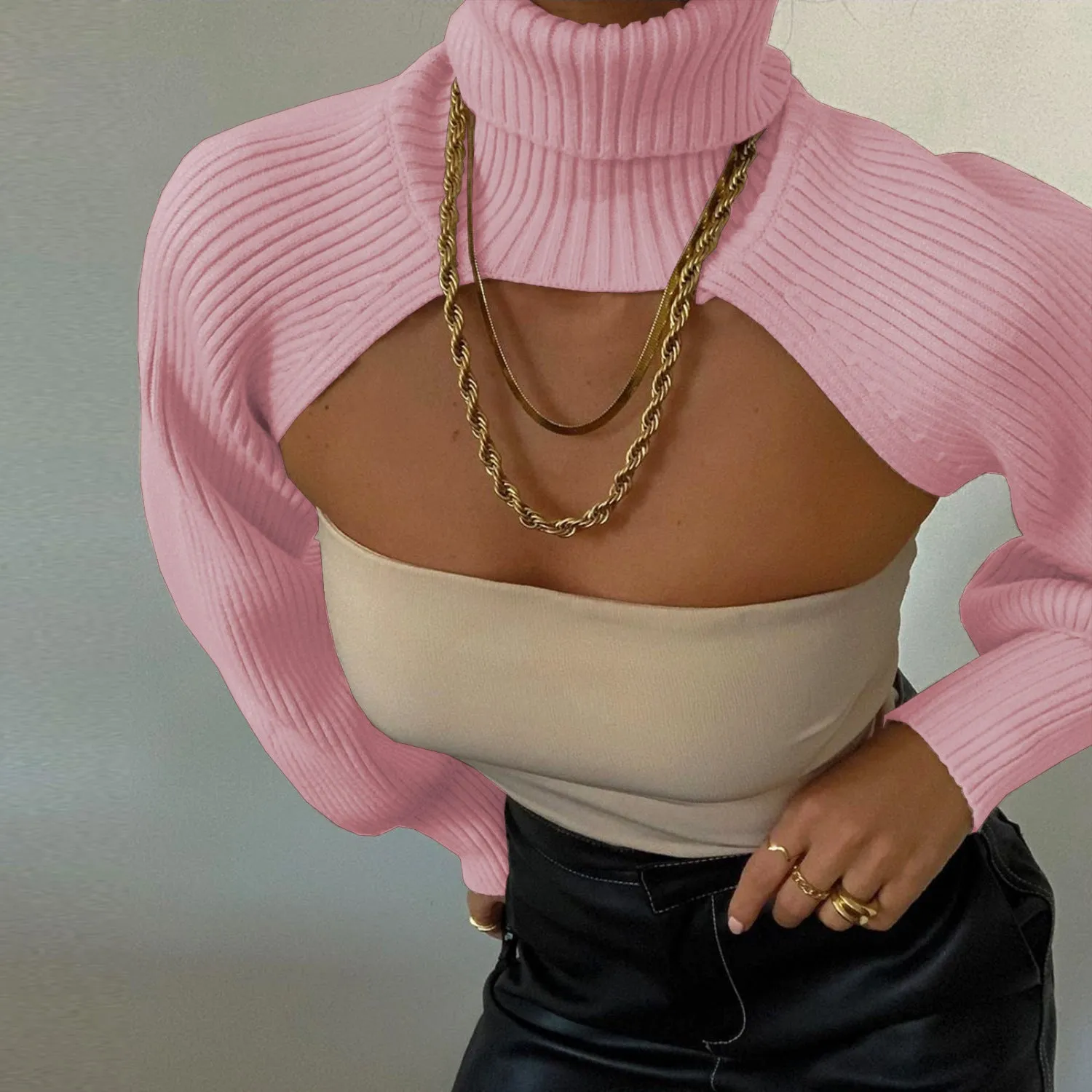 Casual Turtleneck Lantern Sleeve Cutout Cropped Knit Sweater