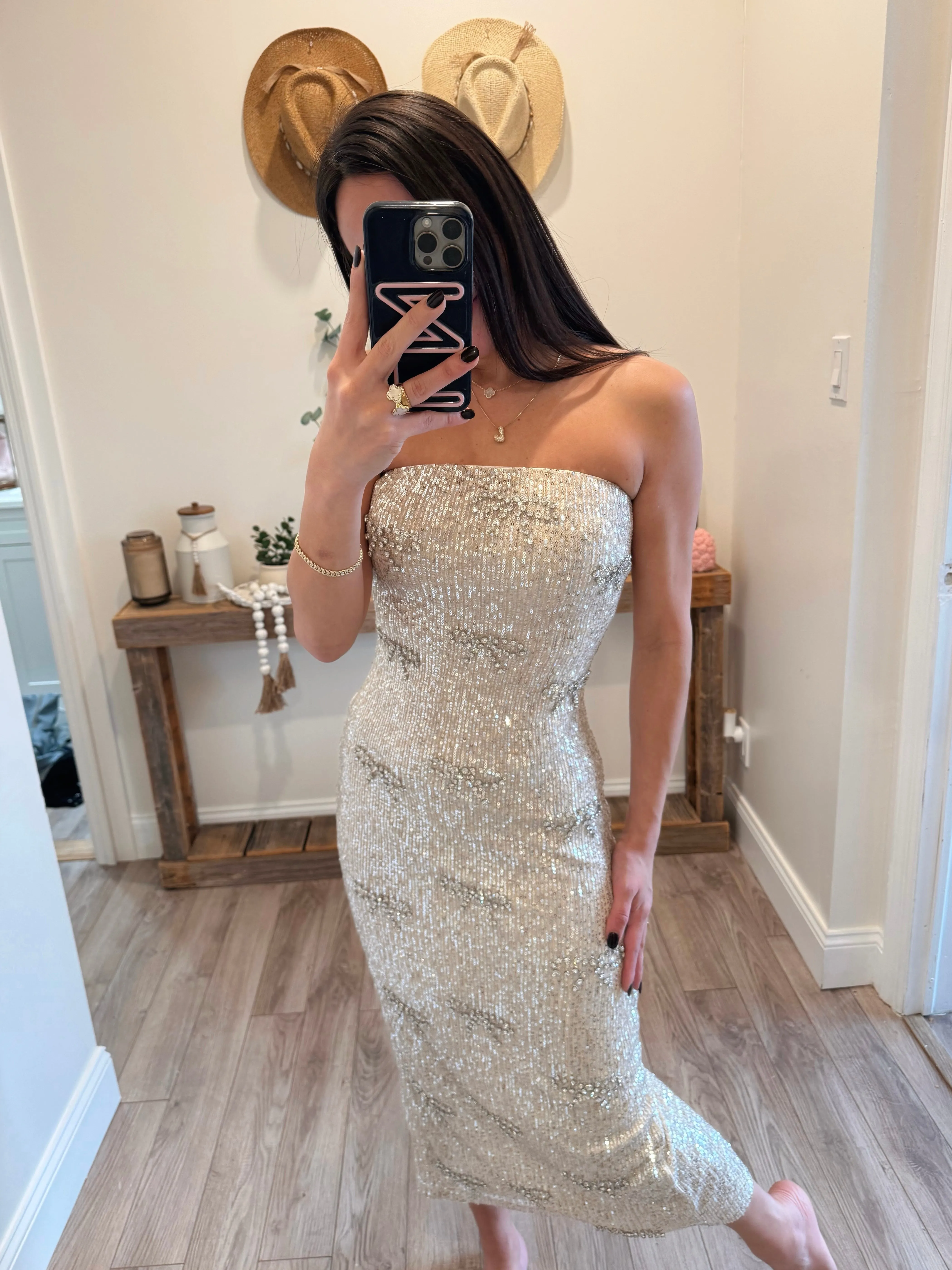Champagne Sequin Bow Tube Midi Dress
