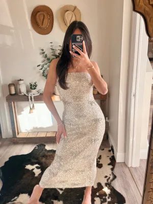 Champagne Sequin Bow Tube Midi Dress
