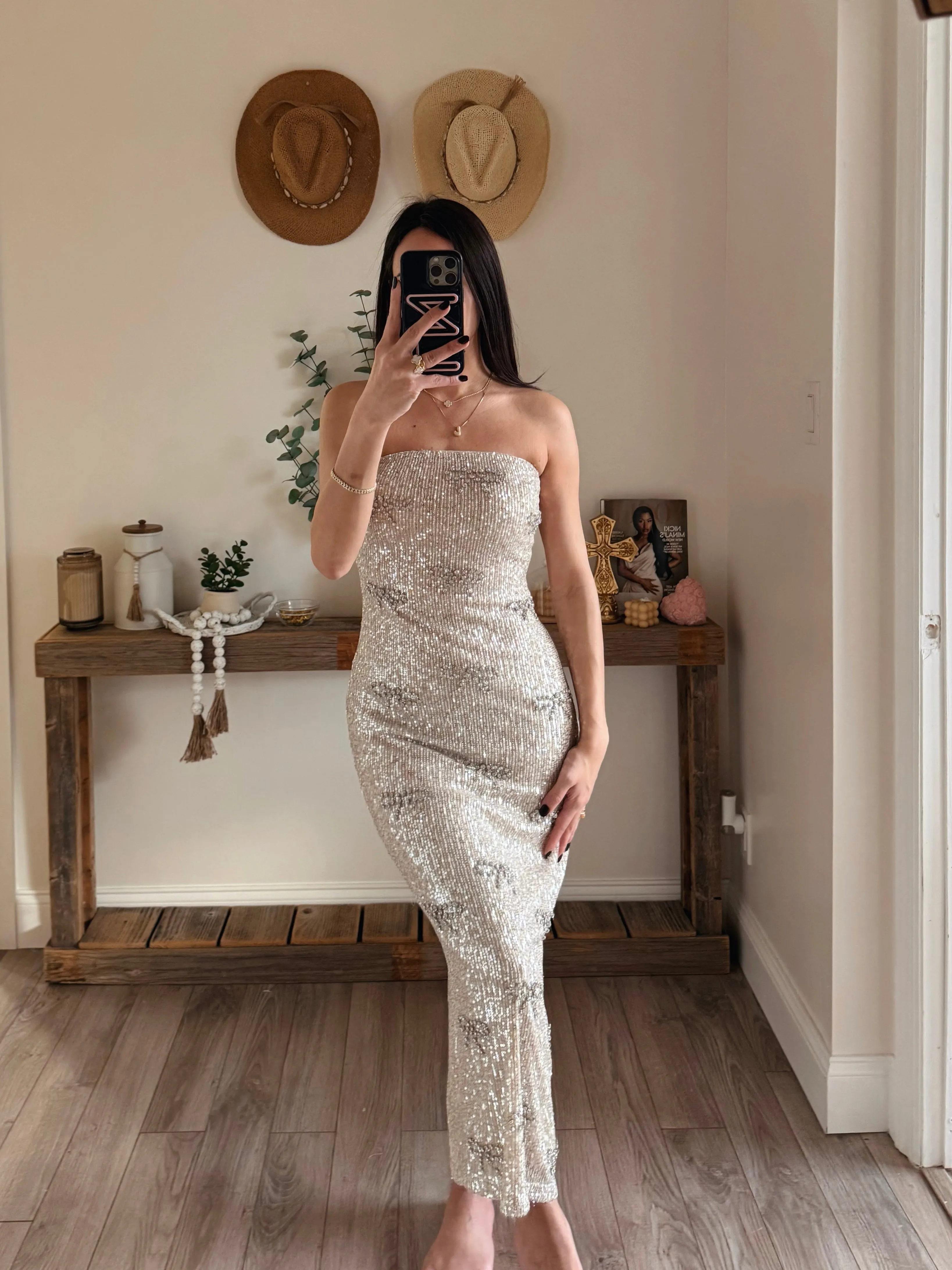 Champagne Sequin Bow Tube Midi Dress
