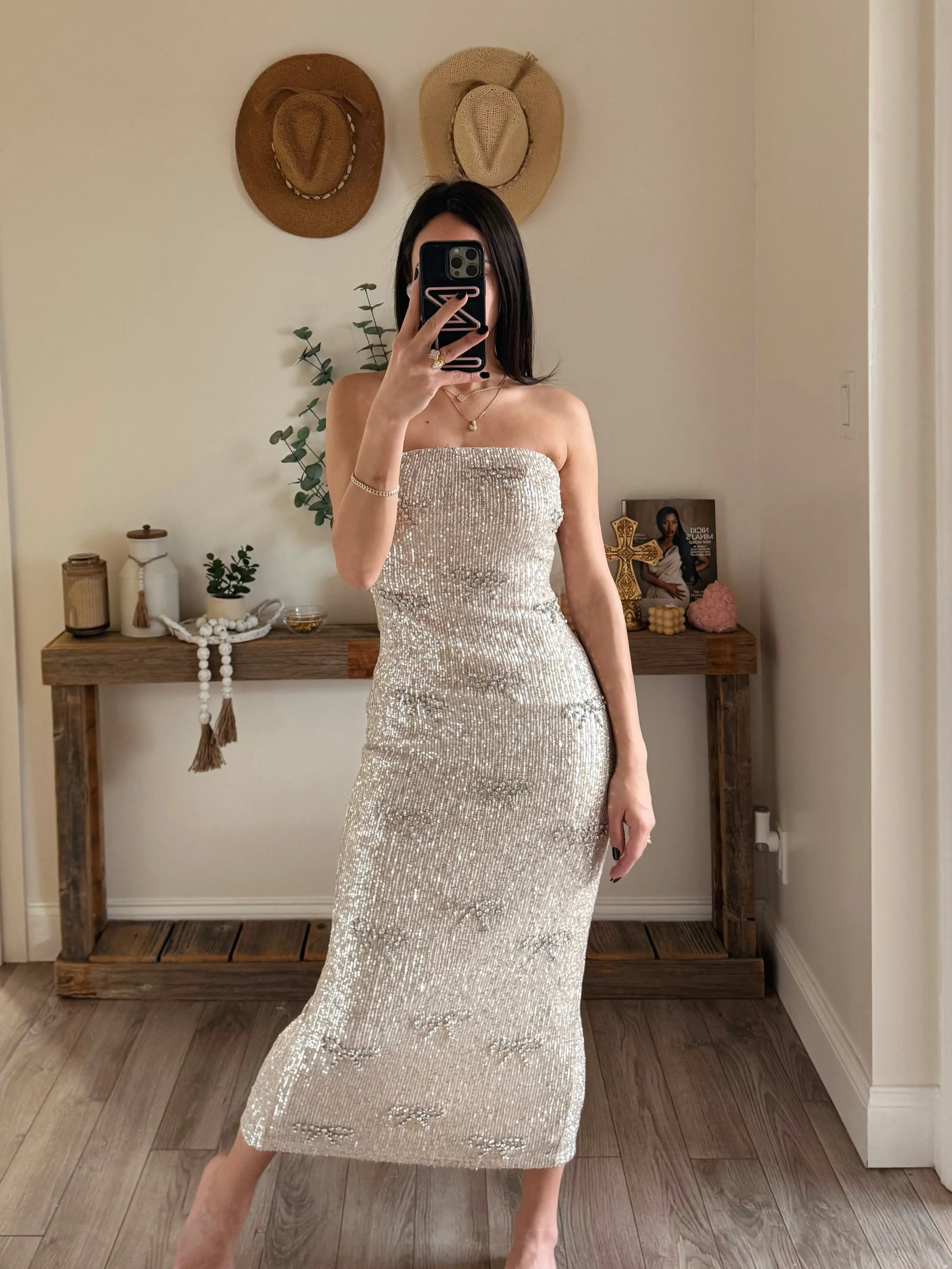 Champagne Sequin Bow Tube Midi Dress