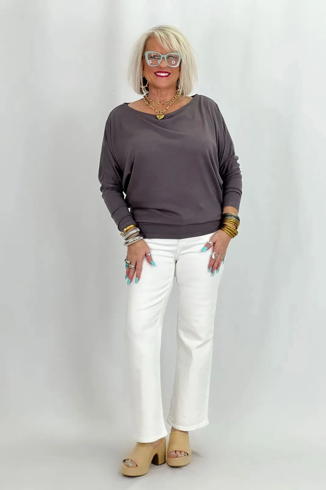 Charcoal Gauze Knit Dolman Sleeve Top