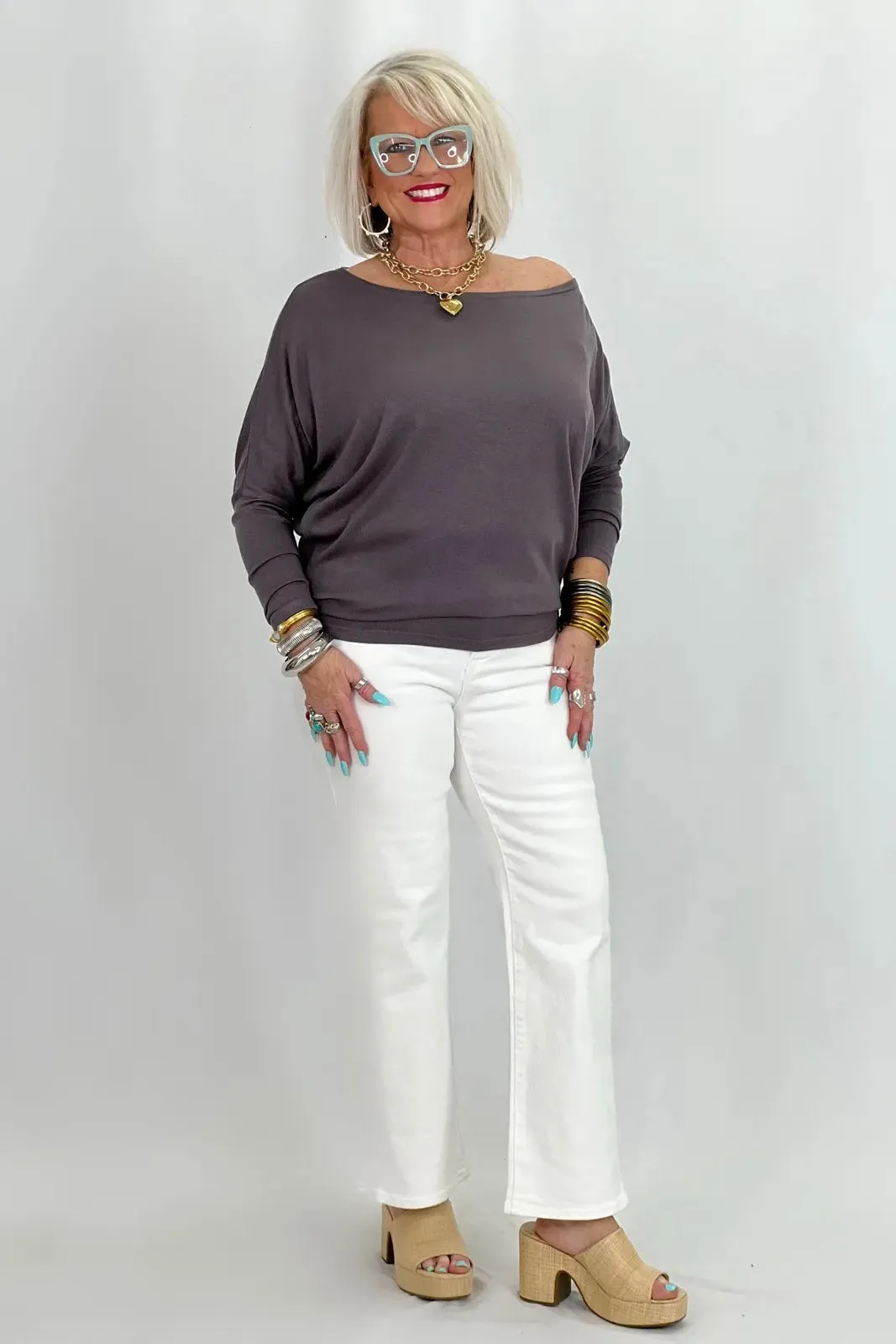 Charcoal Gauze Knit Dolman Sleeve Top