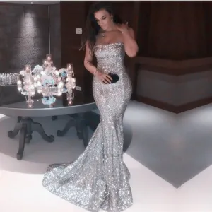 Cheap Mermaid Silver Sequin Prom Dresses Long Strapless Gowns