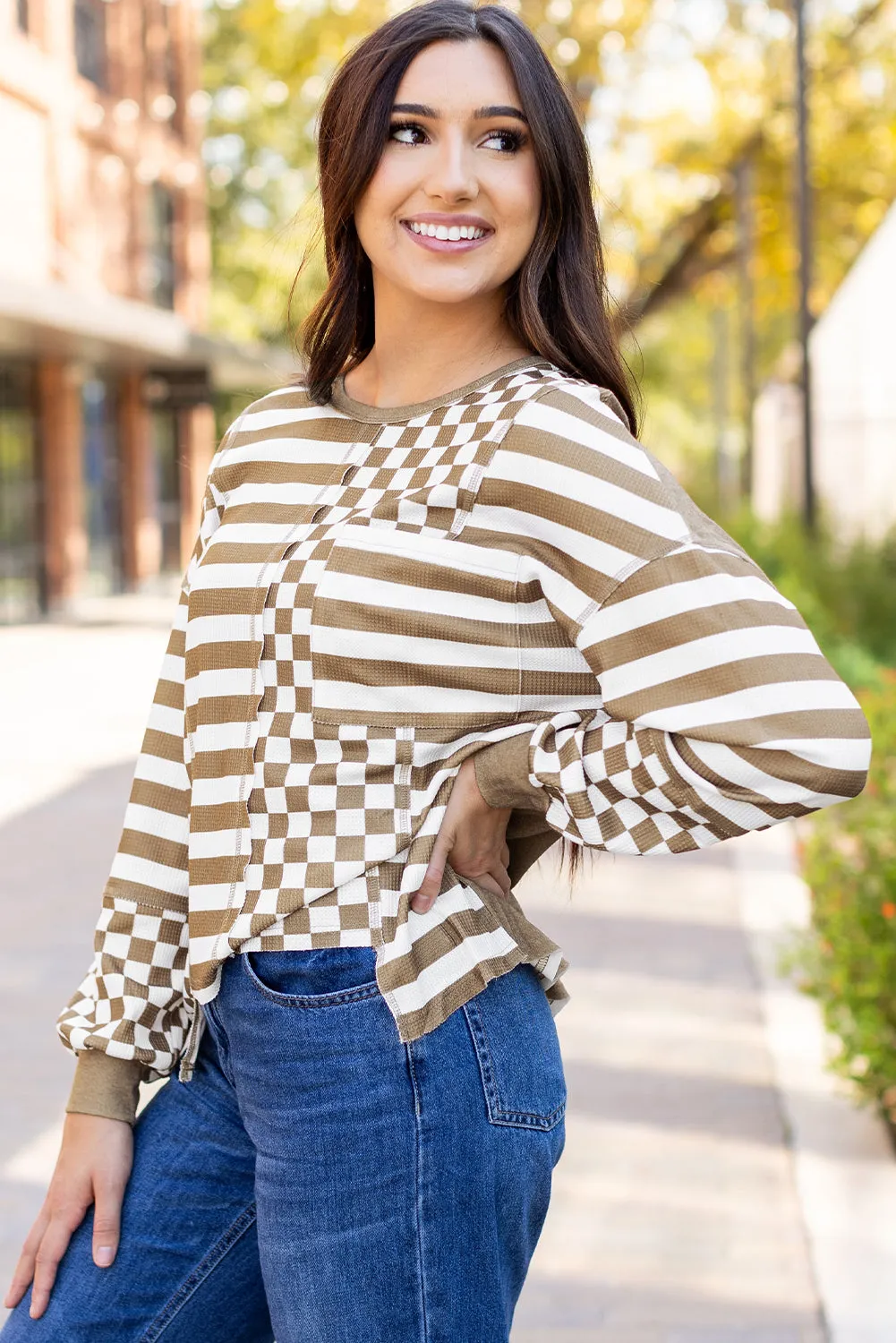 Checkerboard Striped Pocketed Blouse