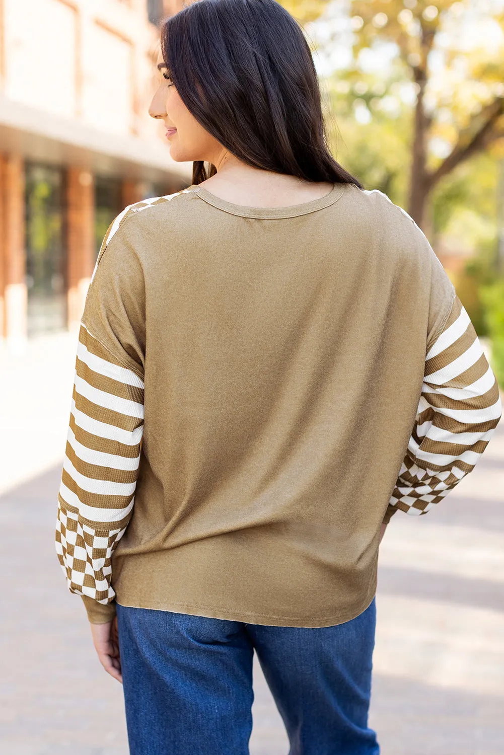 Checkerboard Striped Pocketed Blouse