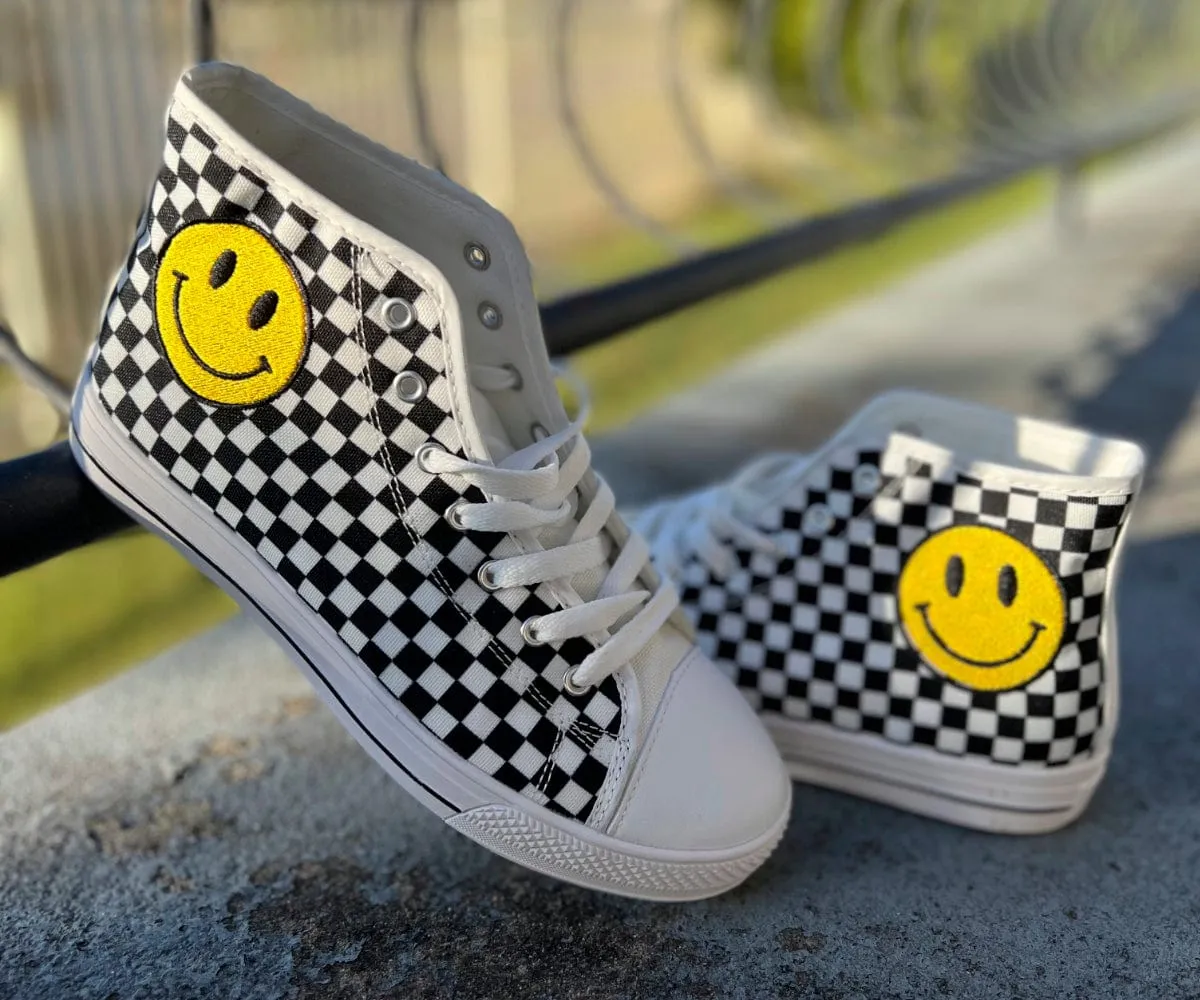 Checkers And Smiles Embroidered High Top Shoes