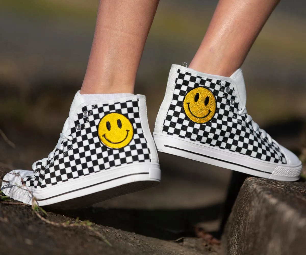 Checkers And Smiles Embroidered High Top Shoes