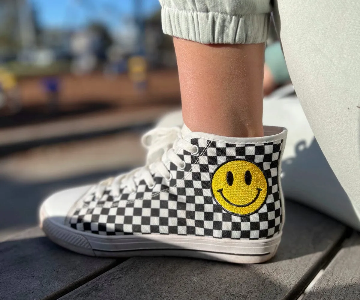 Checkers And Smiles Embroidered High Top Shoes