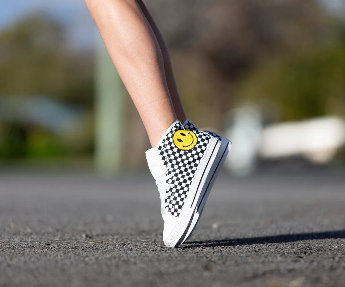 Checkers And Smiles Embroidered High Top Shoes