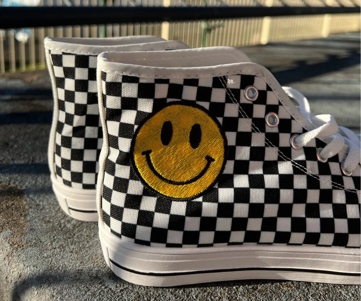 Checkers And Smiles Embroidered High Top Shoes