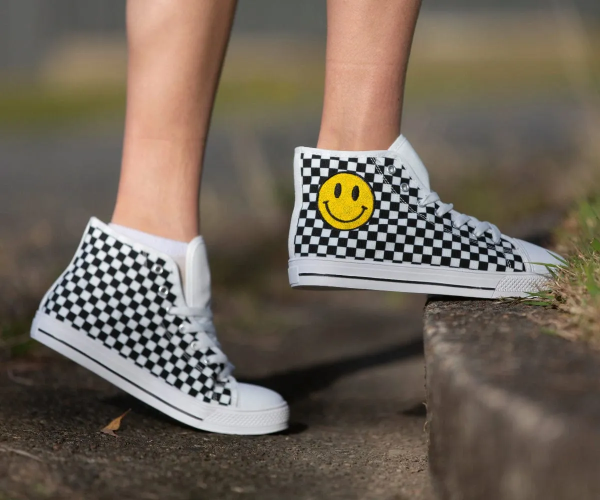 Checkers And Smiles Embroidered High Top Shoes