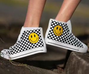 Checkers And Smiles Embroidered High Top Shoes