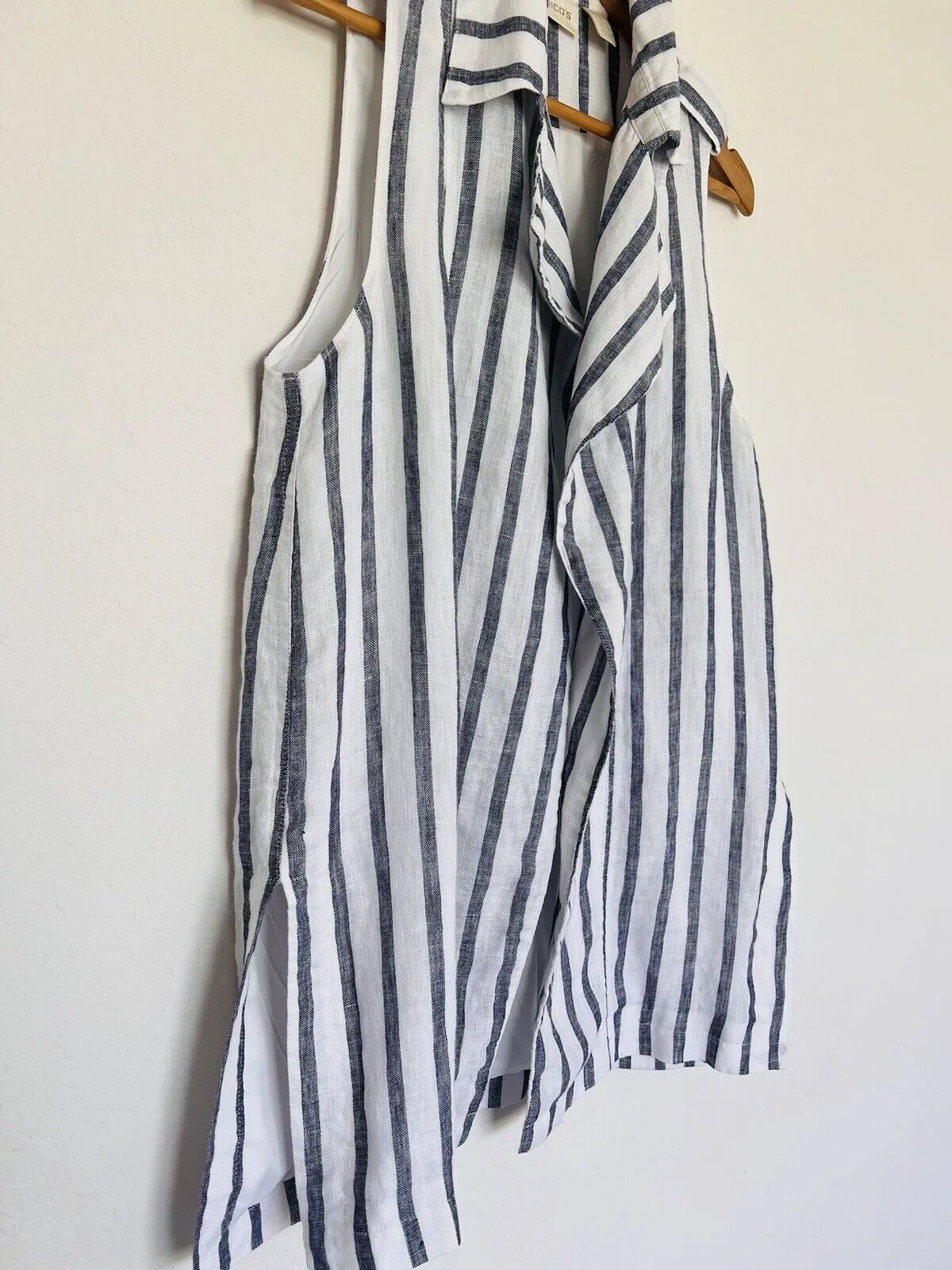 CHICO’S 100% Linen Striped Vest Sz M Blue/White Collar Open Front Lined Nautical