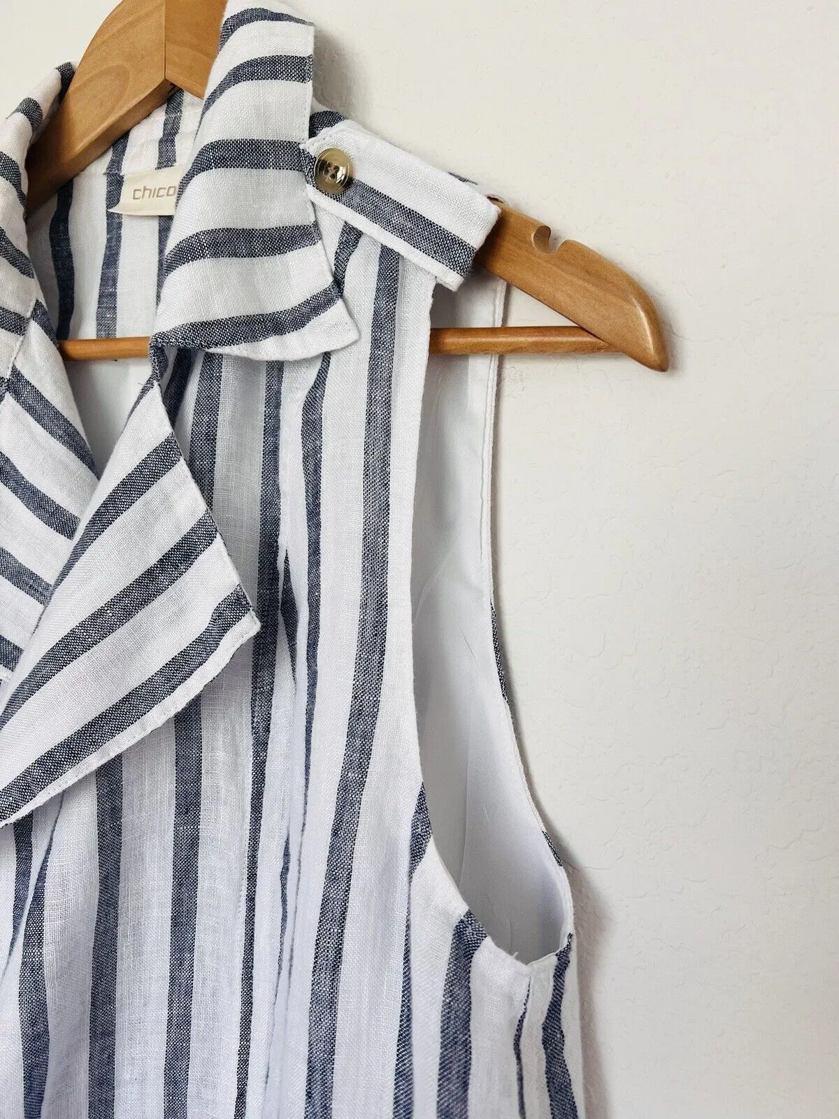 CHICO’S 100% Linen Striped Vest Sz M Blue/White Collar Open Front Lined Nautical